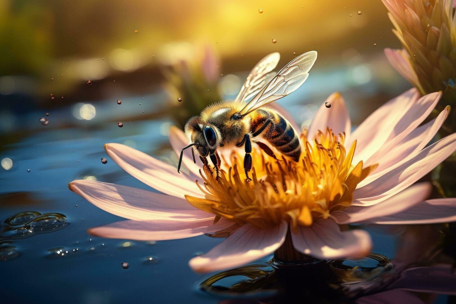 Epic Macro Photography Shot of Honey Bee. Closeup View of Working Bees. Generative Ai photo