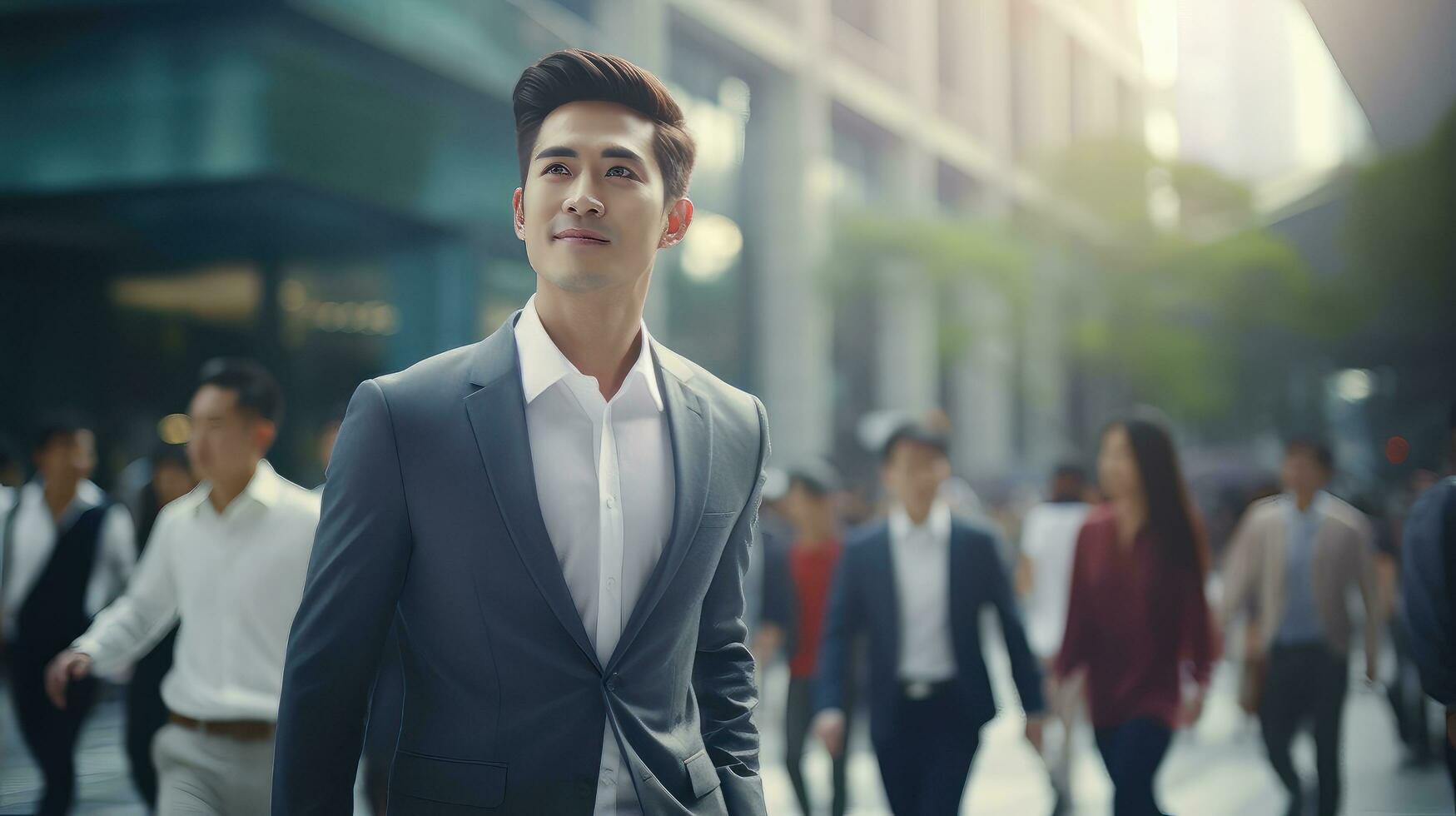 Asian Businessman Walking in Modern City, Handsome Man Walks on a Crowded Pedestrian Street, Asian Manager Surrounded by Blur People on Busy Street. photo