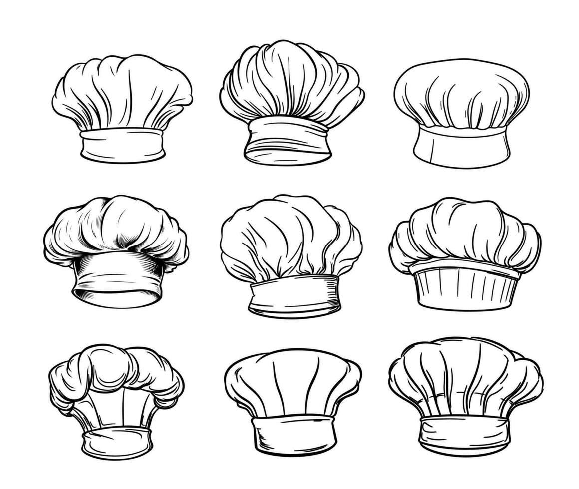 Collection of chef hats sketch hand drawn Vector illustration Cooking