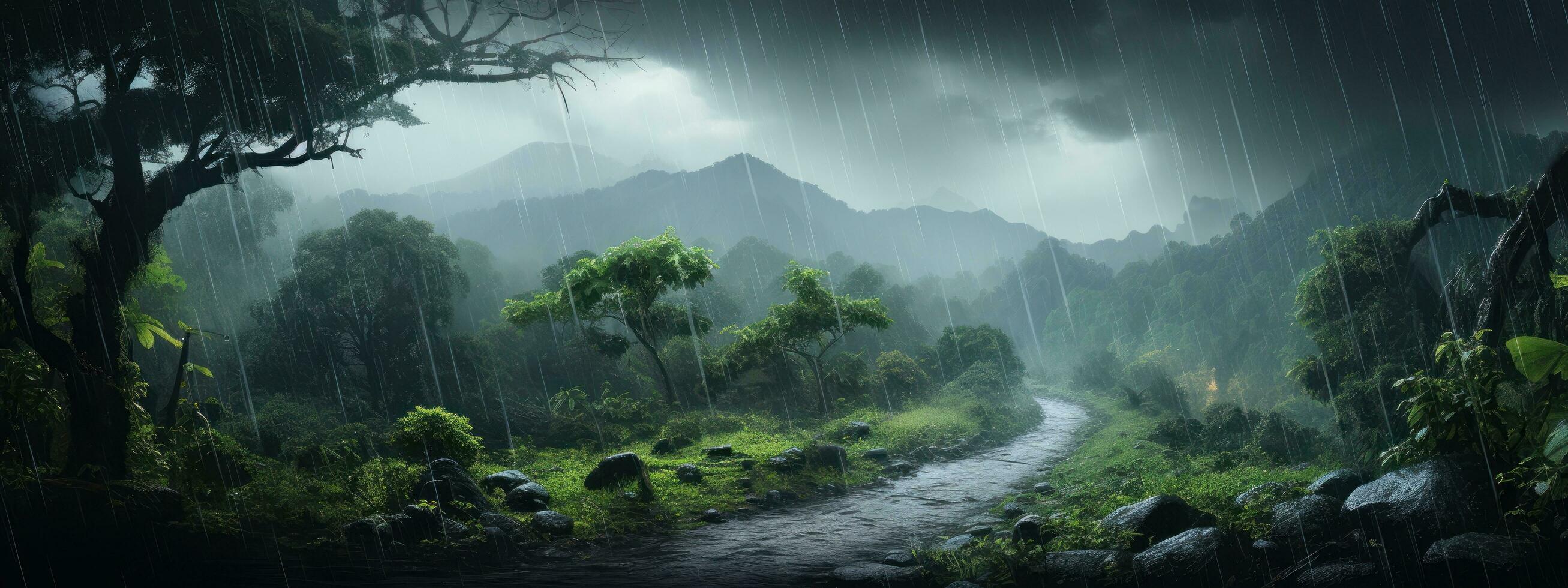 Epic Photography Shot of Rainy Season Background, Enjoying Nature Rainfall and Happy Life Concept. Generative Ai photo