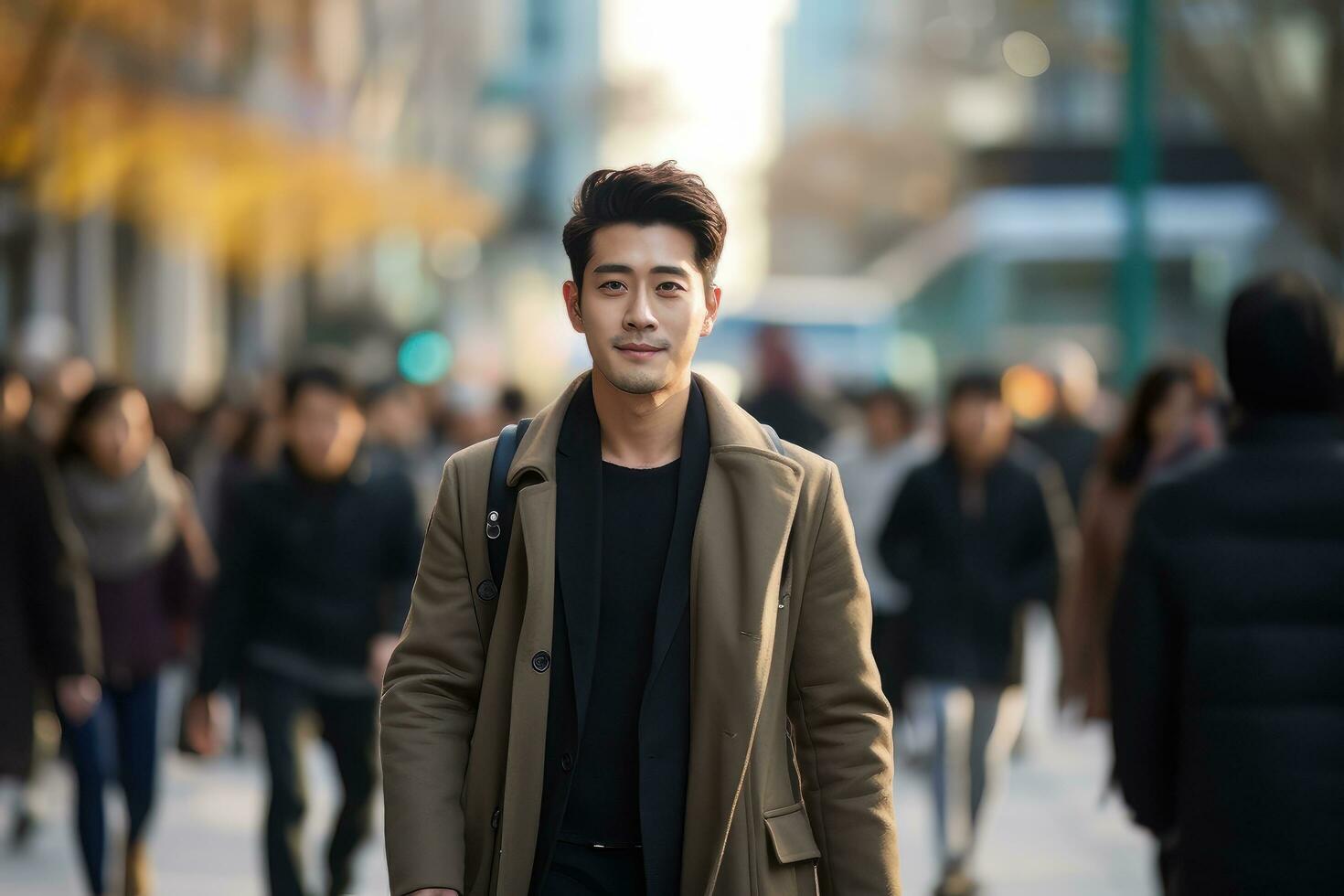 Asian Man Walking in Modern City, Handsome Asia Guy Walks on a Crowded Pedestrian Street. photo