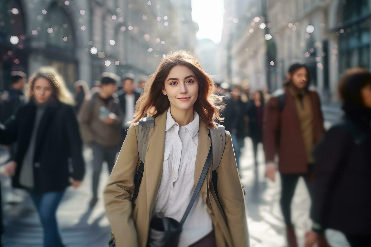 Beautiful Student Walking to School, Teenager Girl Walks on a Crowded Pedestrian Street, Female Student Looking at Camera and Smiling. photo