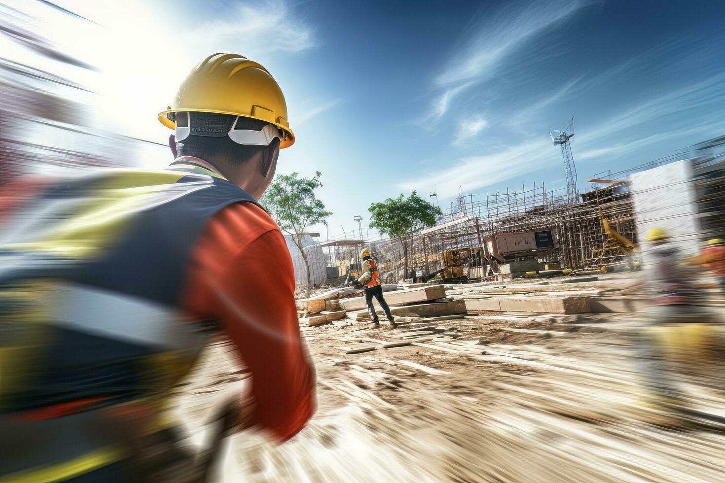 construcción trabajador vistiendo la seguridad uniforme, Ingenieria trabajos en edificio construcción sitio, civil ingeniero observa y comprobación el proyecto foto