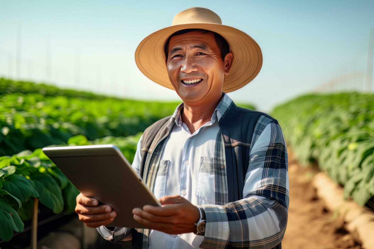 Portrait of Male Farmer Using Tablet in the Farm, Observes and Check Growth Plants, Agriculture Smart Farming Concept photo