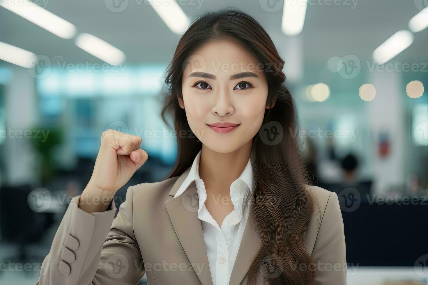 Asian Businesswoman Showing a Fighting Pose, Beautiful Manager Gestures Raising Fists in Modern Office, Female Entrepreneur Fights a Problem, Celebrate Success and Achieving Goals photo