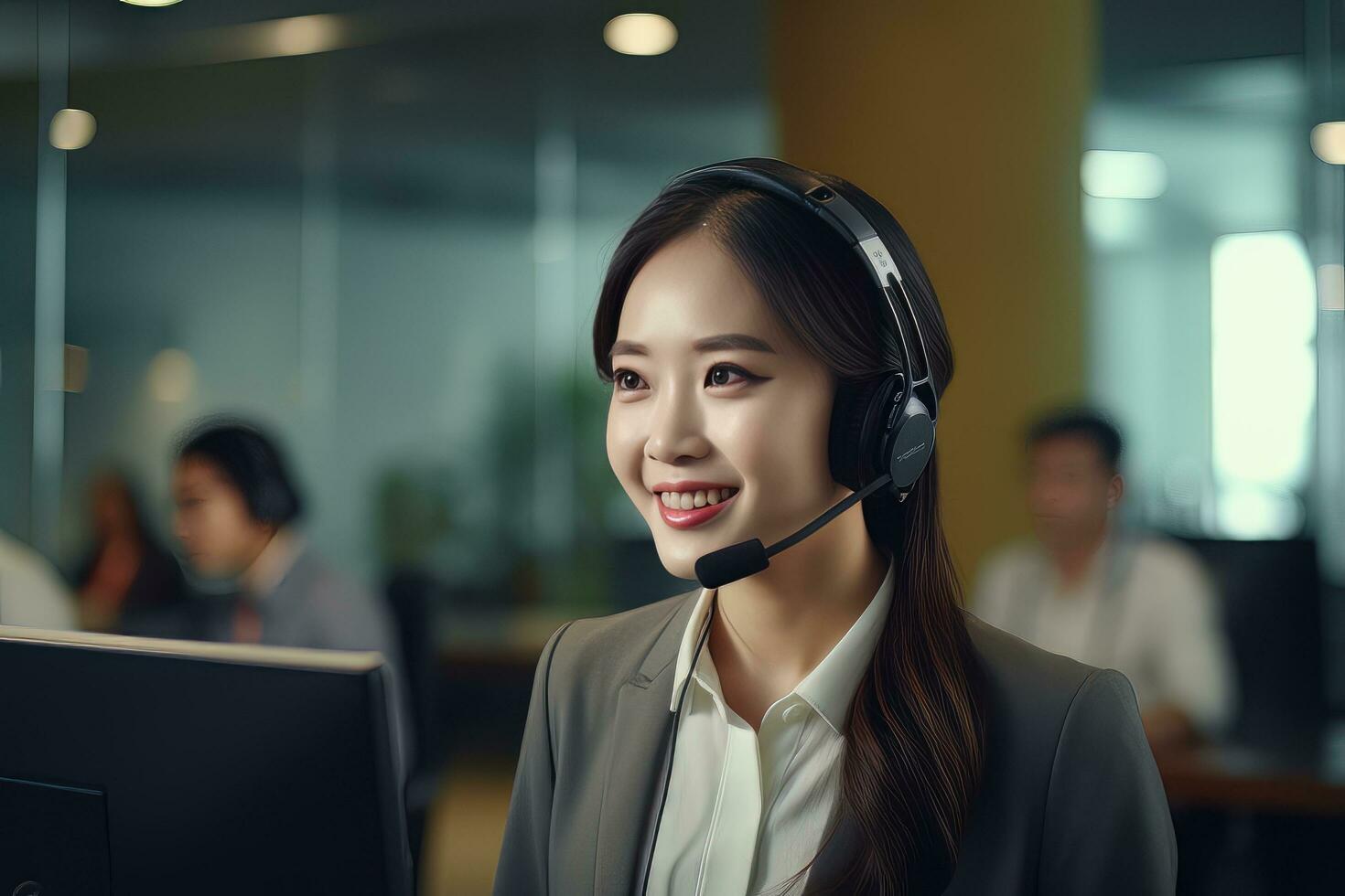 Portrait of a Beautiful Asian Customer Service Operator, Call Center Worker Talking Through Headset with Customer in Modern Office. photo