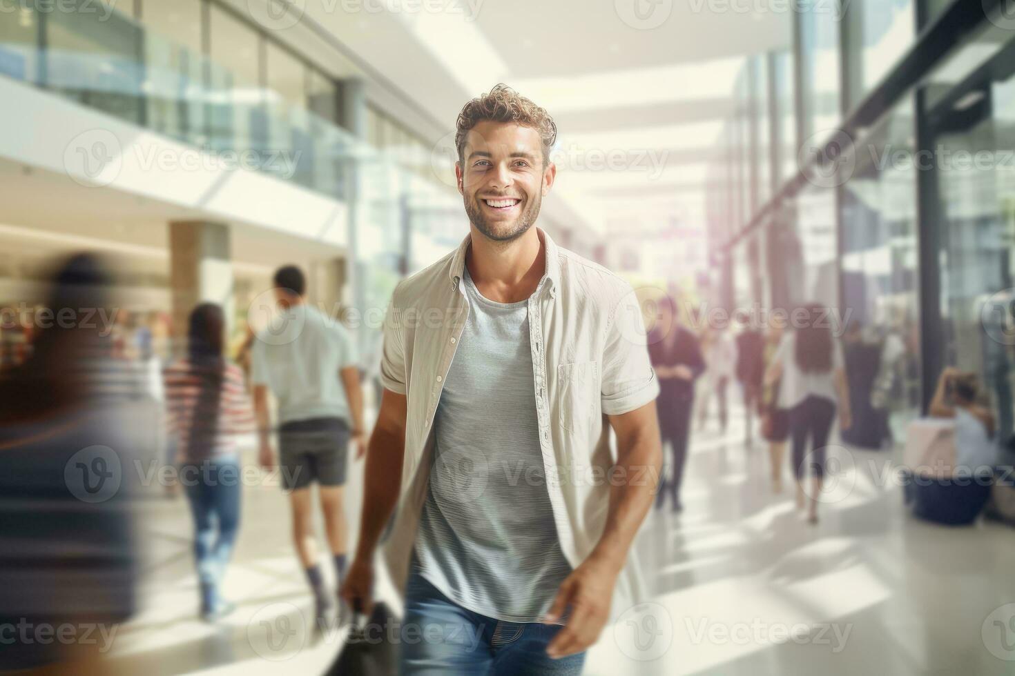 Portrait of Happy Male Goes to Shopping in Modern Clothing Store, Handsome Man Walking in Shopping Mall Surrounded By Blurred People. photo