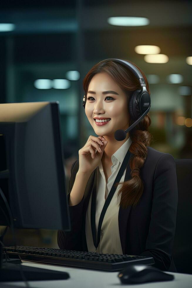 retrato de un hermosa asiático cliente Servicio operador, llamada centrar trabajador hablando mediante auriculares con cliente en moderno oficina. foto