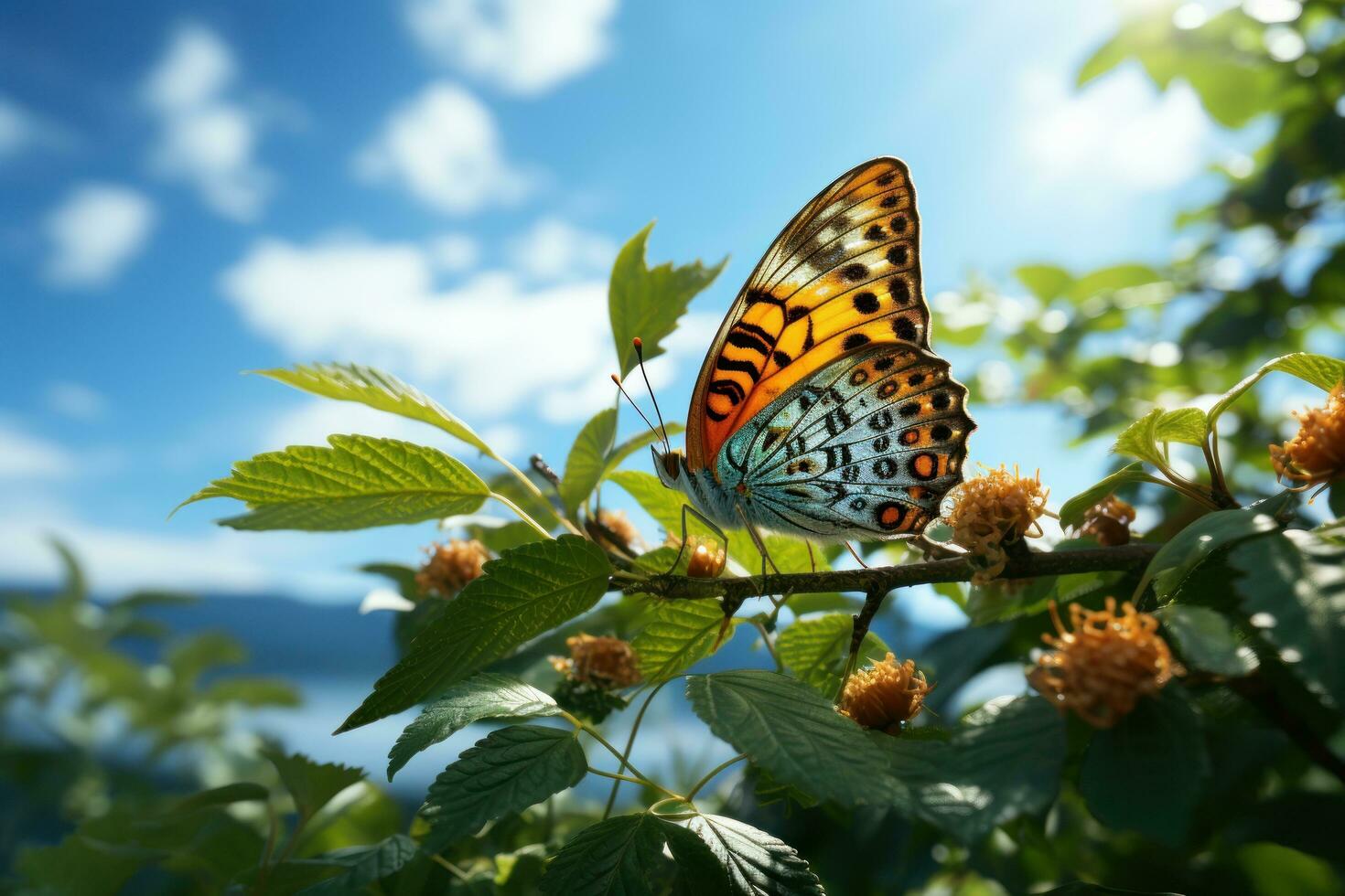 Beautiful Butterfly Surrounded by Flowers and Leaves Blue Sky Background. Generative Ai photo