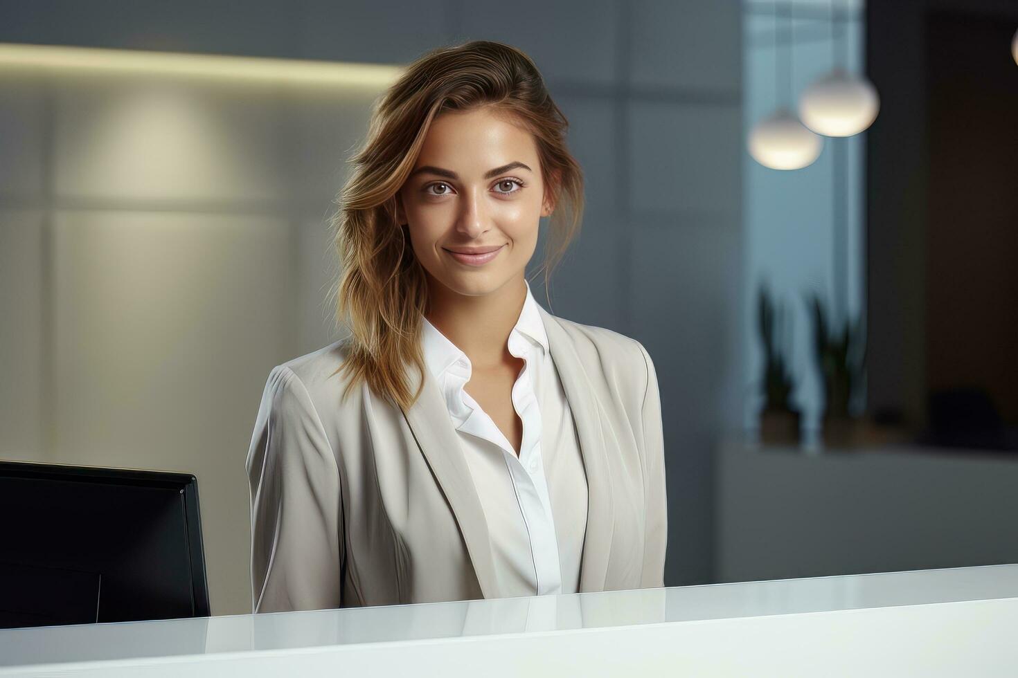 Portrait of Smiling Receptionist Female Greeting Client, Happy Business Woman Reception in Modern Office photo