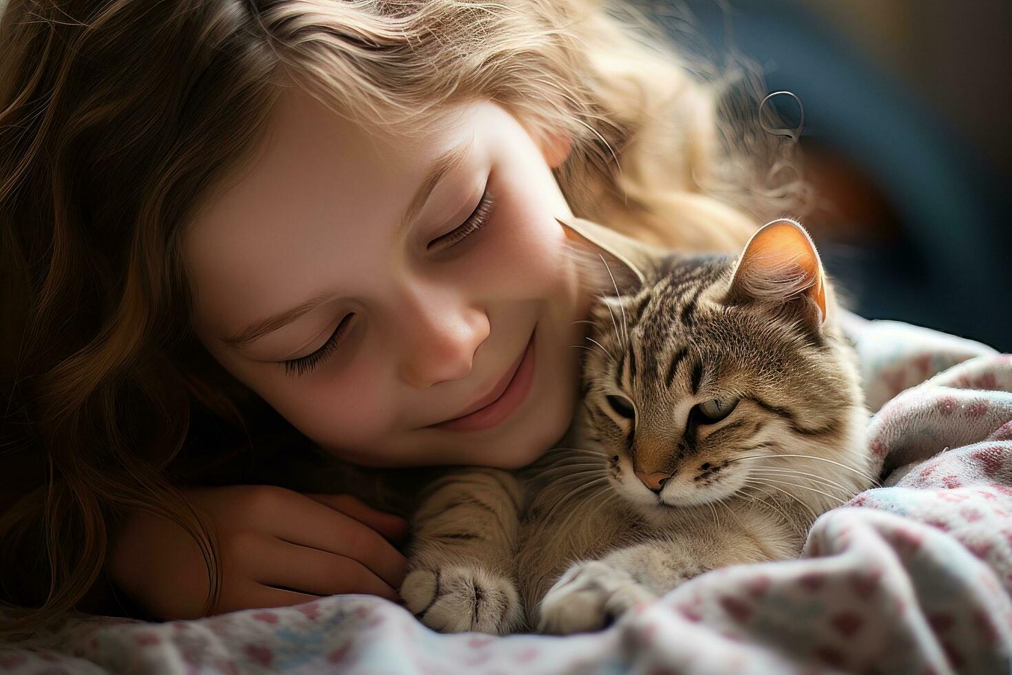 pequeño niña abrazando su gato con calentar ligero fondo, niño abrazos un extraviado gato a transporte un sentido de amor. foto