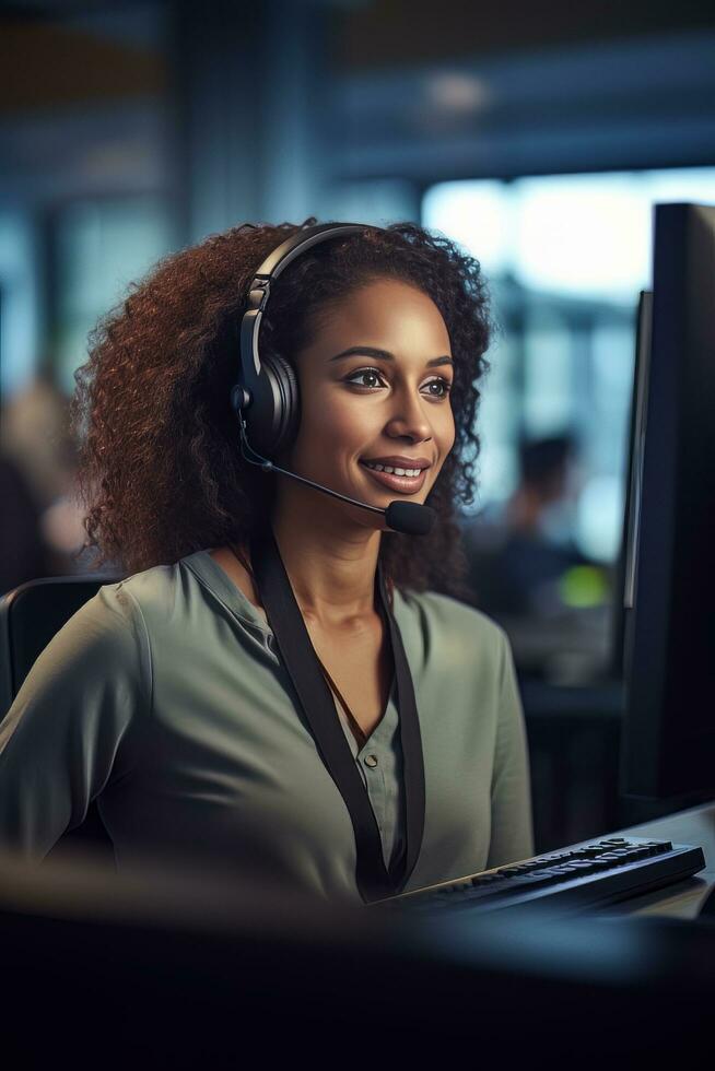 Portrait of a Beautiful African Customer Service Operator, Call Center Worker Talking Through Headset with Customer in Modern Office. photo