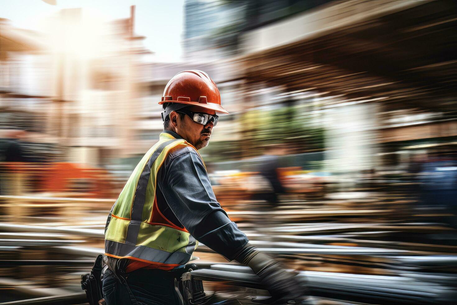 construcción trabajador vistiendo la seguridad uniforme, Ingenieria trabajos en edificio construcción sitio, civil ingeniero observa y comprobación el proyecto foto