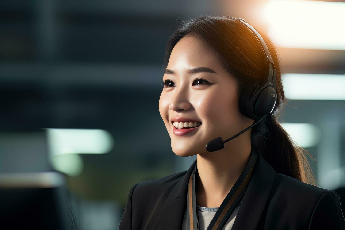 Portrait of a Beautiful Asian Customer Service Operator, Call Center Worker Talking Through Headset with Customer in Modern Office. photo