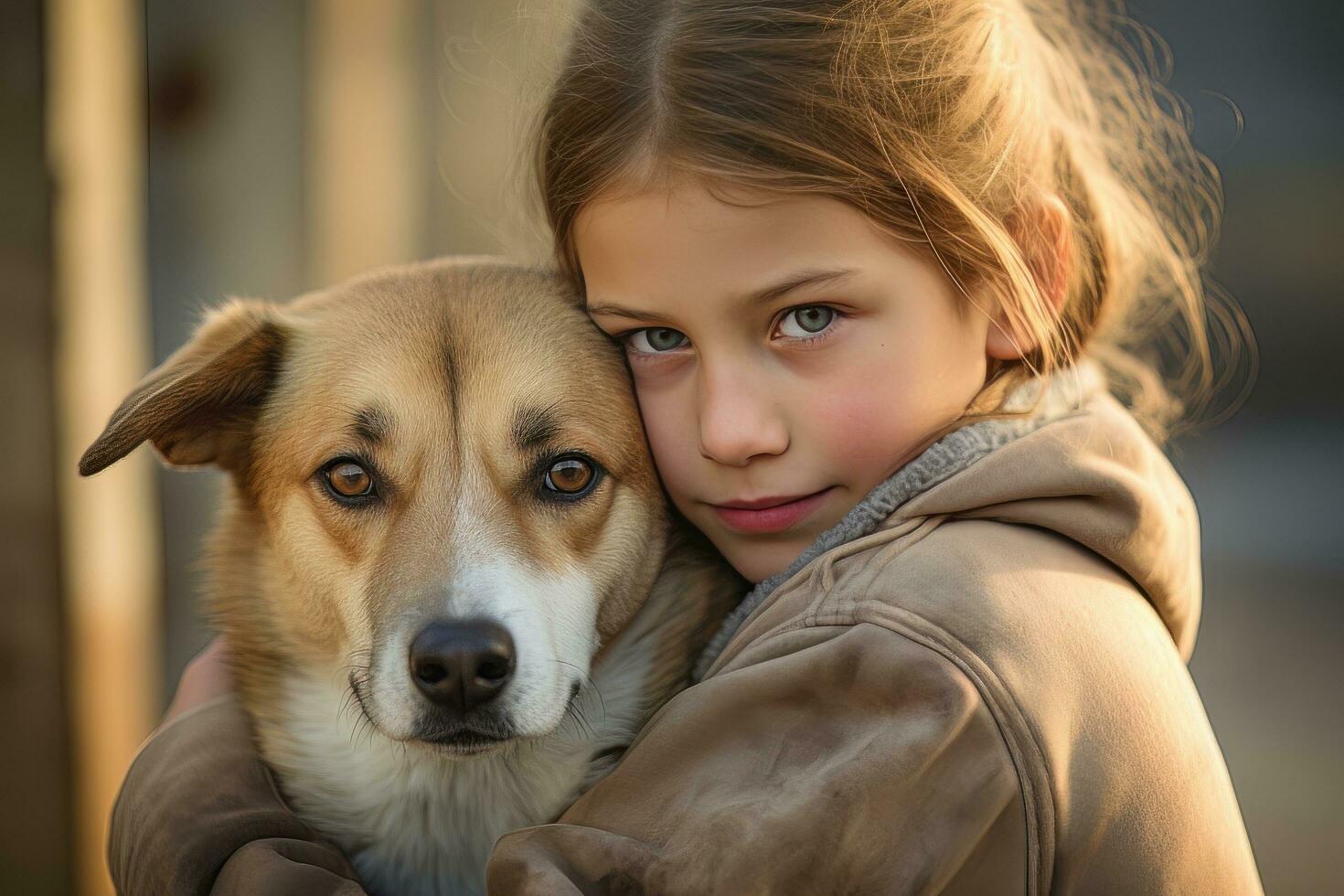 Little Girl Hugging her Dog with Warm Light Background, Kid Hugs a Stray Dog to Conveying a Sense of Love. photo