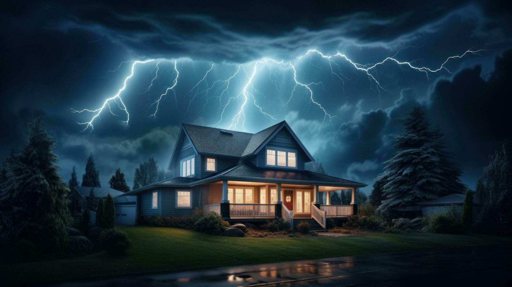 House on Heavy Lightning Thunder Strom Background, Home Insurance Concept. Generative Ai photo