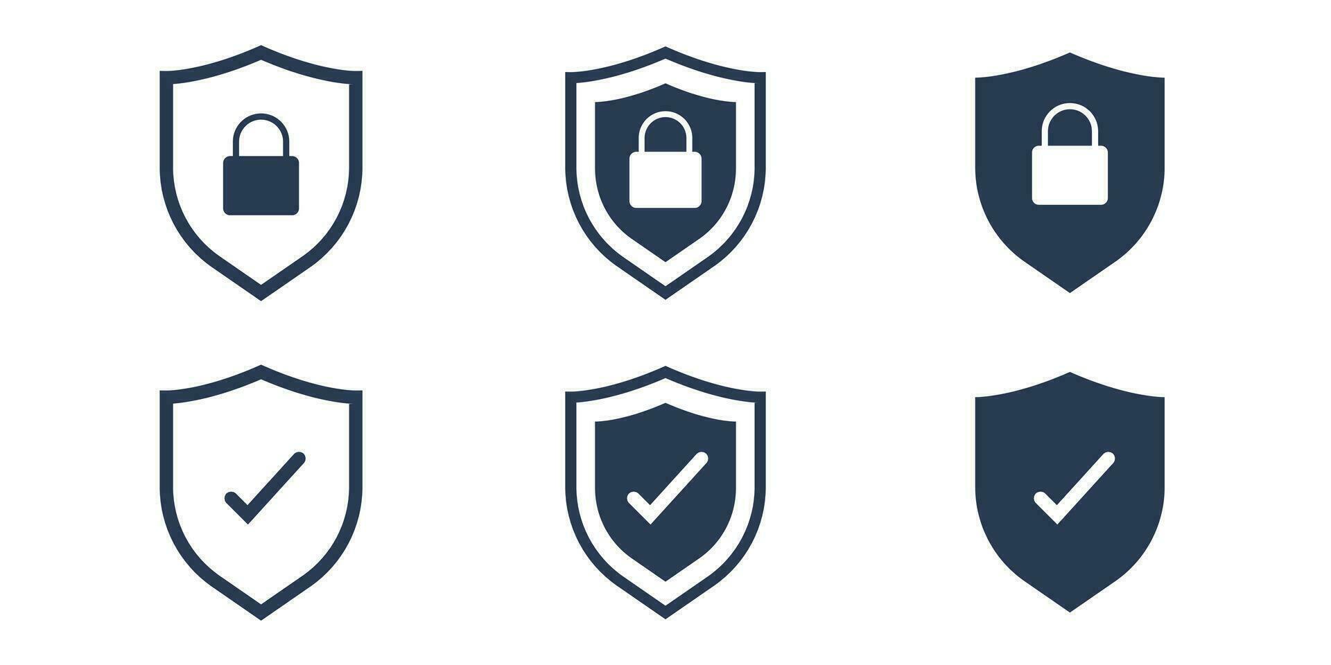 Shield set icon with padlock and check mark. Protection, security, password security concept. Isolated vector illustration.