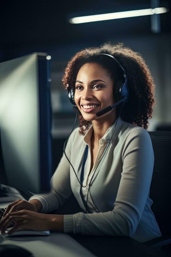 Portrait of a Beautiful African Customer Service Operator, Call Center Worker Talking Through Headset with Customer in Modern Office. photo