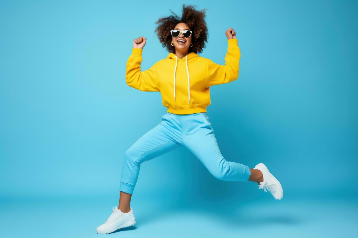 Portrait of Cheerful Woman Wears Sport Fashion, Happy Sporty Female Smiling on Studio Background, Winner Gesture Celebrating. photo