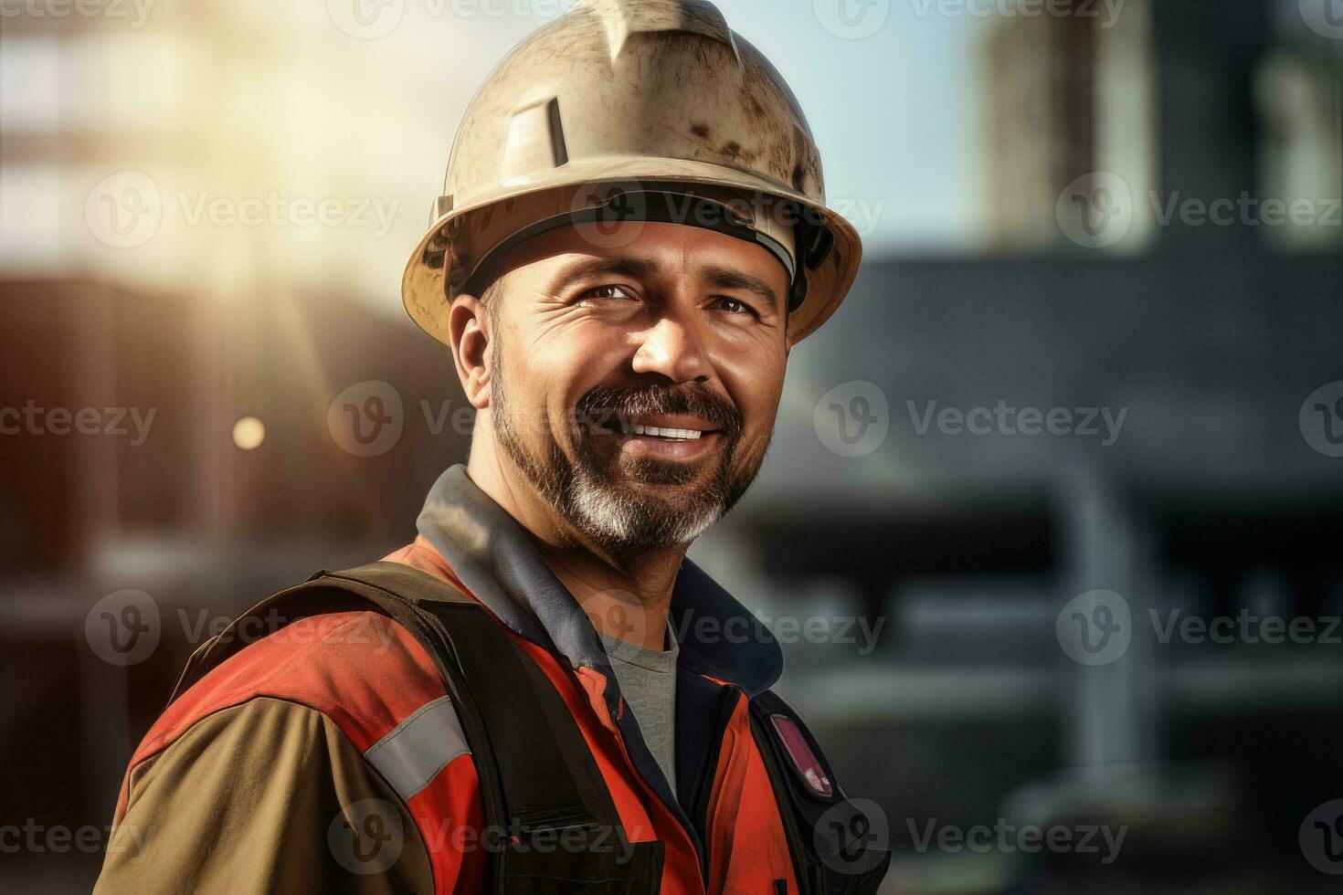 Portrait of Cheerful Workers Wearing Safety Uniform, Construction Engineering Works on Building Construction Site, Observes and Checking the Project. photo