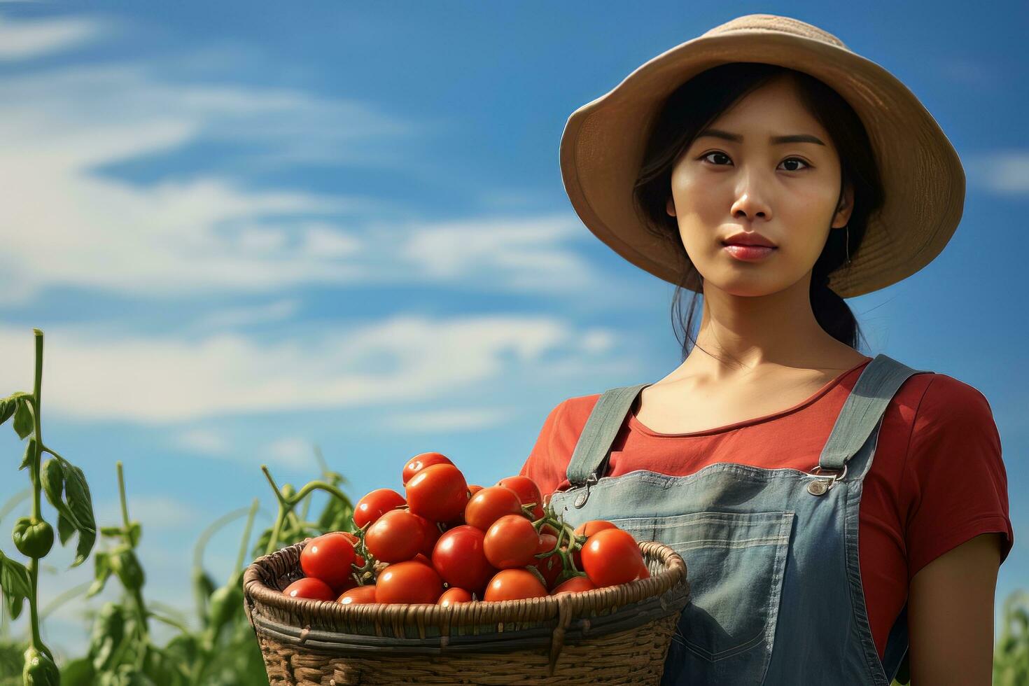 Asian Female Farmer with Basket of Fresh Vegetables, Presenting Organic Vegetables, Healthy Food photo