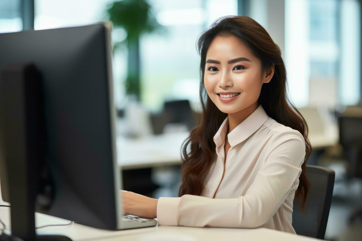 Beautiful Asian Businesswoman Working with Computer, Female Manager Works in Modern Office, Analysis Data Statistics and Business Planning. photo