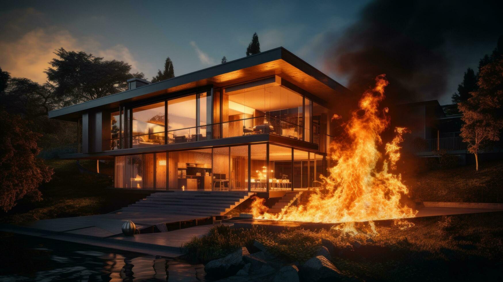 House on Fire Accident, Burning Car Background, Home Insurance Concept. Generative Ai photo