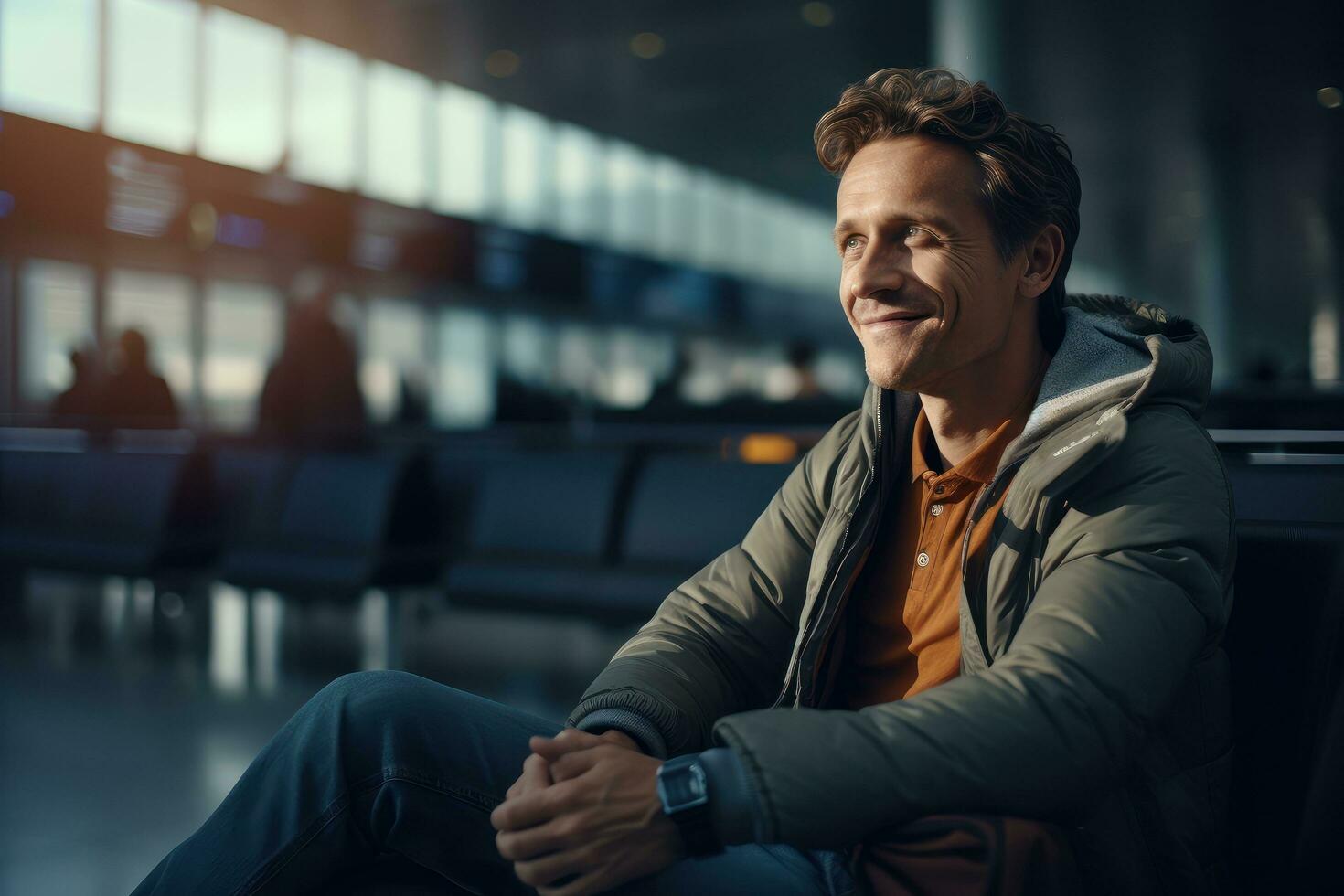 contento turista sonriente a aeropuerto Terminal, alegre hombre murga para vuelo en un embarque salón de aerolínea centro. foto