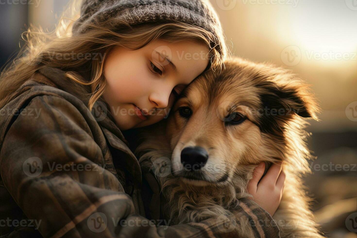 Little Girl Hugging her Dog with Warm Light Background, Kid Hugs a Stray Dog to Conveying a Sense of Love. photo