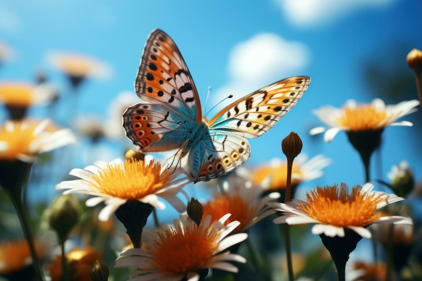 Beautiful Butterfly Surrounded by Flowers and Leaves Blue Sky Background. Generative Ai photo