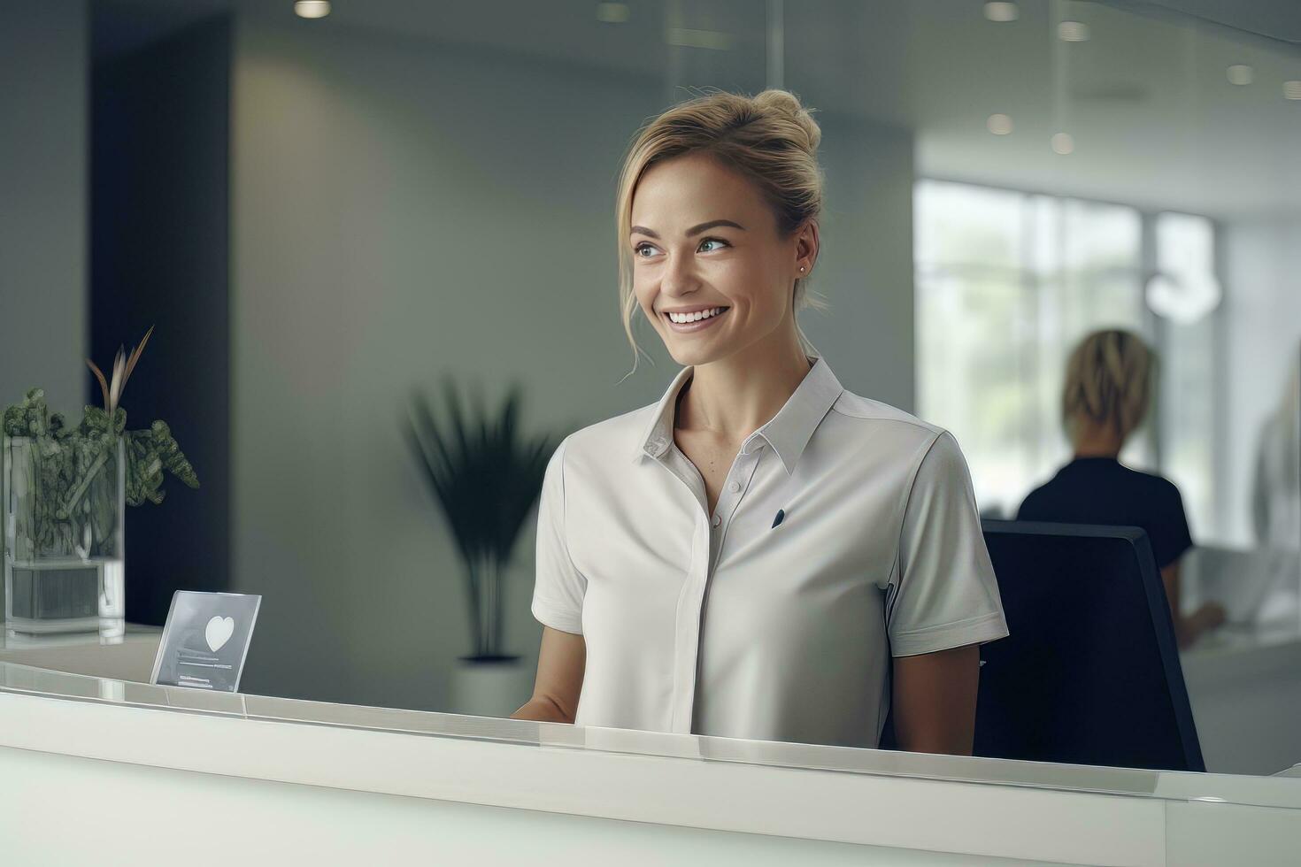 Portrait of Smiling Receptionist Female Greeting Client, Happy Business Woman Reception in Modern Office photo