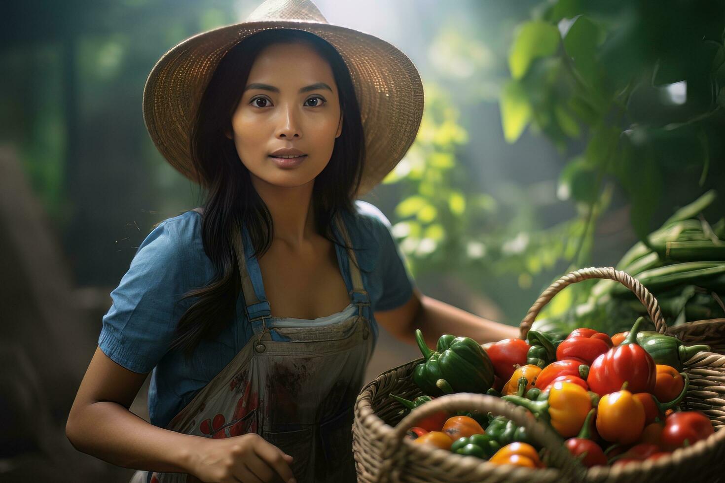 Asian Female Farmer with Basket of Fresh Vegetables, Presenting Organic Vegetables, Healthy Food photo
