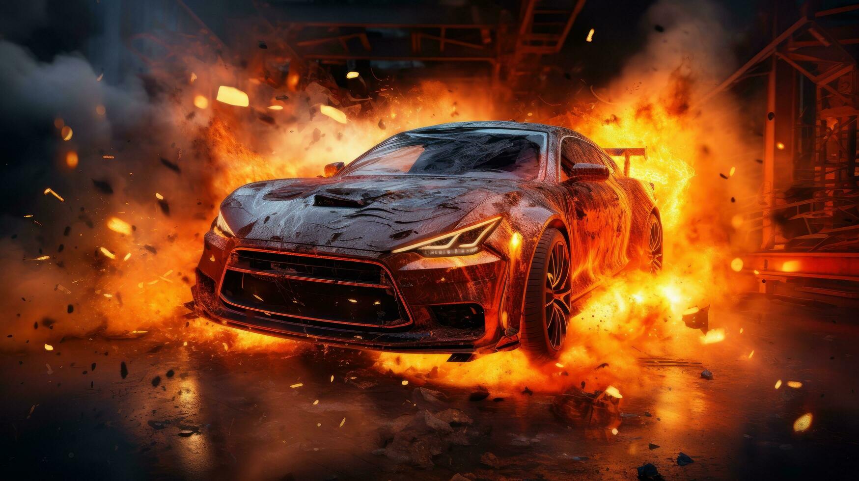 Car on Fire Accident, Burning Car Background, Car Insurance Concept. Generative Ai photo