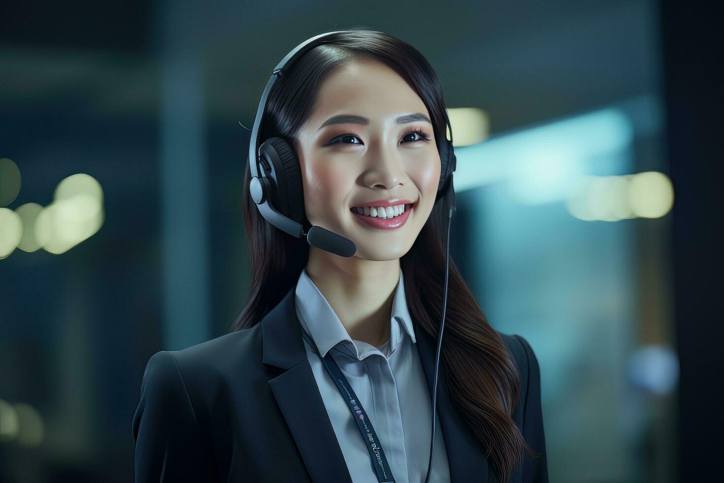 Portrait of a Beautiful Asian Customer Service Operator, Call Center Worker Talking Through Headset with Customer in Modern Office. photo