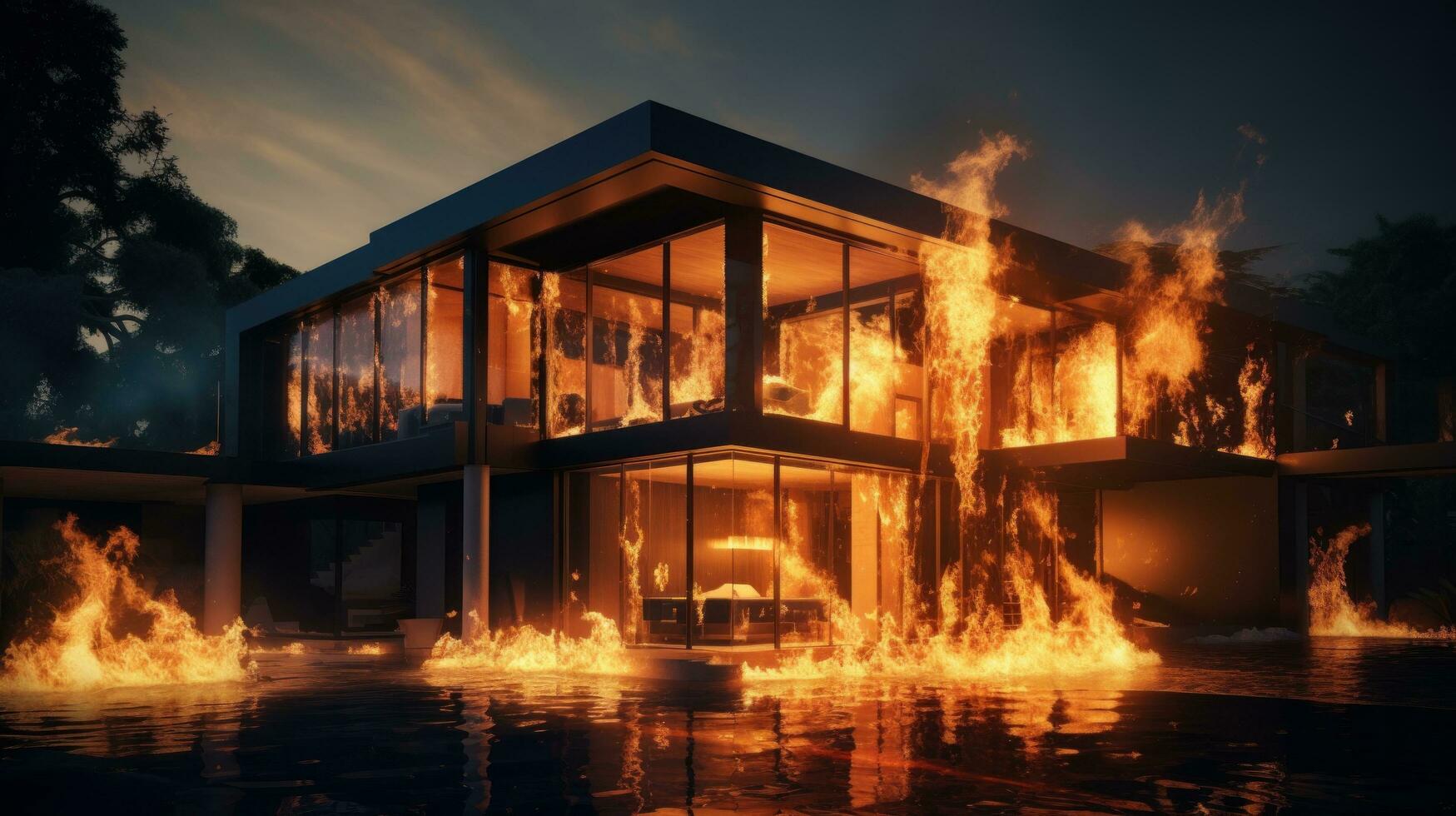 House on Fire Accident, Burning Car Background, Home Insurance Concept. Generative Ai photo