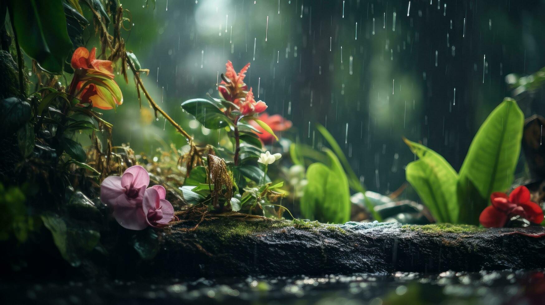 Epic Photography Shot of Rainy Season Background, Enjoying Nature Rainfall and Happy Life Concept. Generative Ai photo