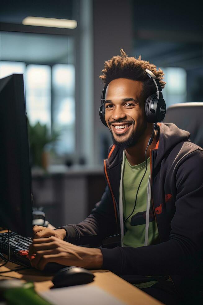 Portrait of a Handsome African Man, Customer Service Operator, Call Center Worker Talking Through Headset with Customer in Modern Office. photo