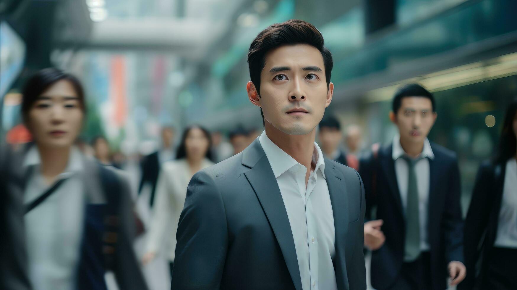 Asian Businessman Walking in Modern City, Handsome Man Walks on a Crowded Pedestrian Street, Asian Manager Surrounded by Blur People on Busy Street. photo