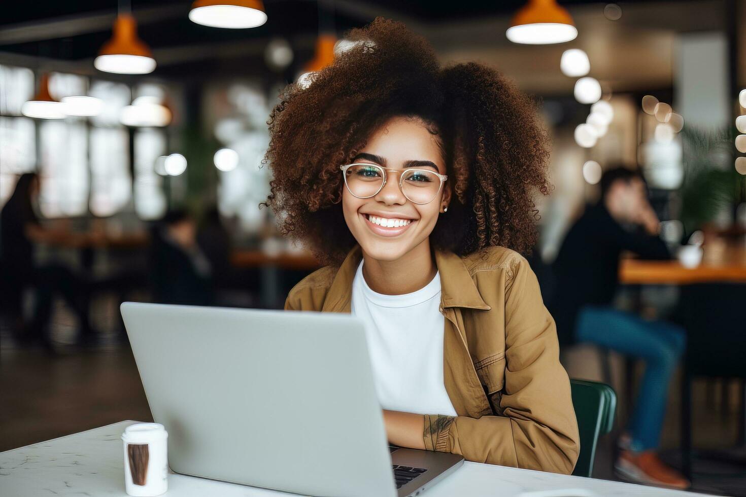 retrato de hermosa negro hembra estudiante aprendizaje en línea en café comercio, joven africano americano mujer estudios con ordenador portátil en cafetería, haciendo deberes foto