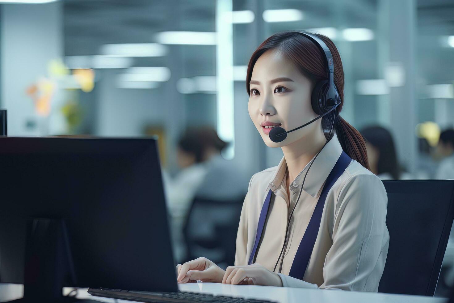 Portrait of a Beautiful Asian Customer Service Operator, Call Center Worker Talking Through Headset with Customer in Modern Office. photo