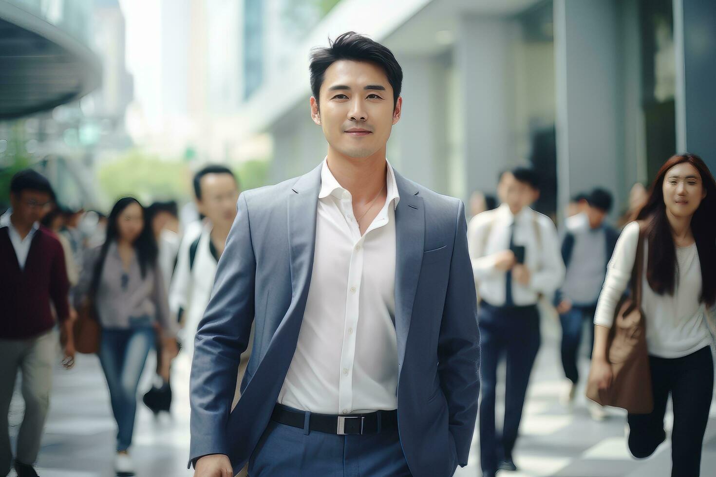 Asian Businessman Walking in Modern City, Handsome Man Walks on a Crowded Pedestrian Street, Asian Manager Surrounded by Blur People on Busy Street. photo