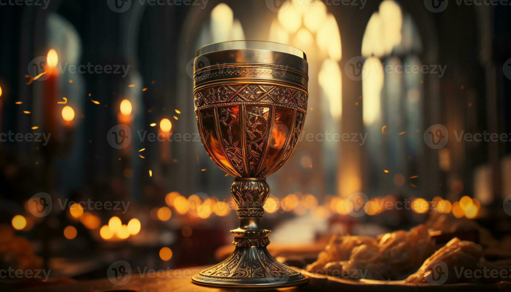 Artistic recreation of Eucharistic chalice with red wine in a big church or cathedral. Illustration AI photo