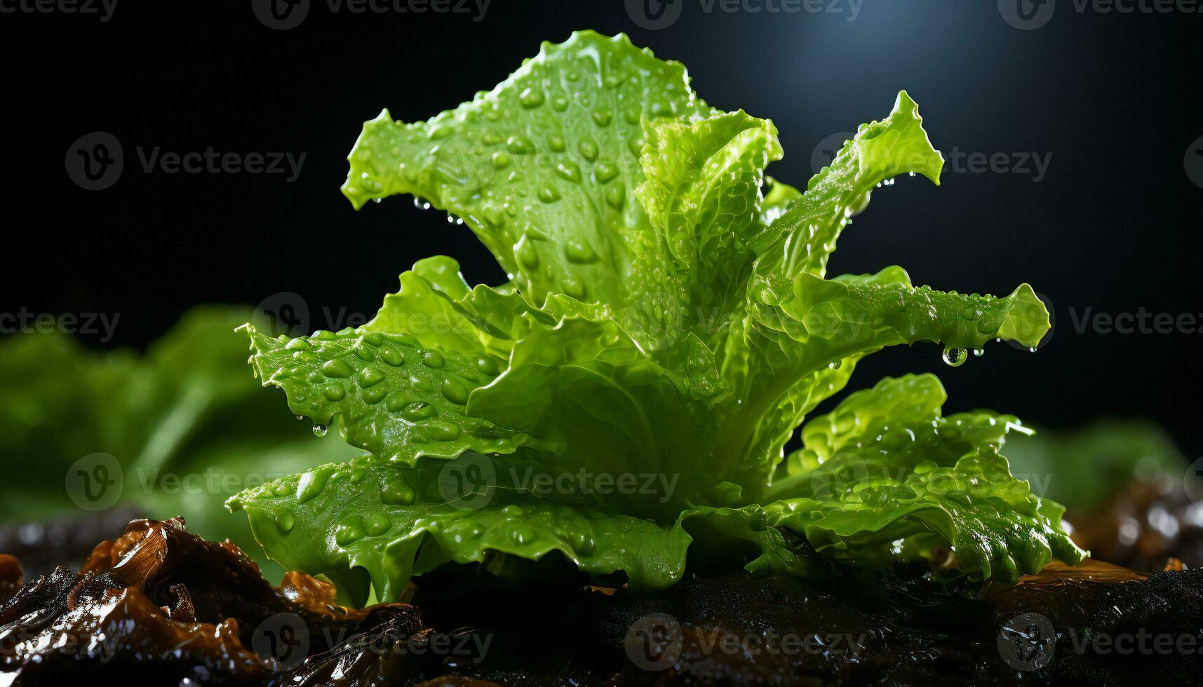 Realistic recreation of wet lettuce leaves with drops water. Illustration AI photo