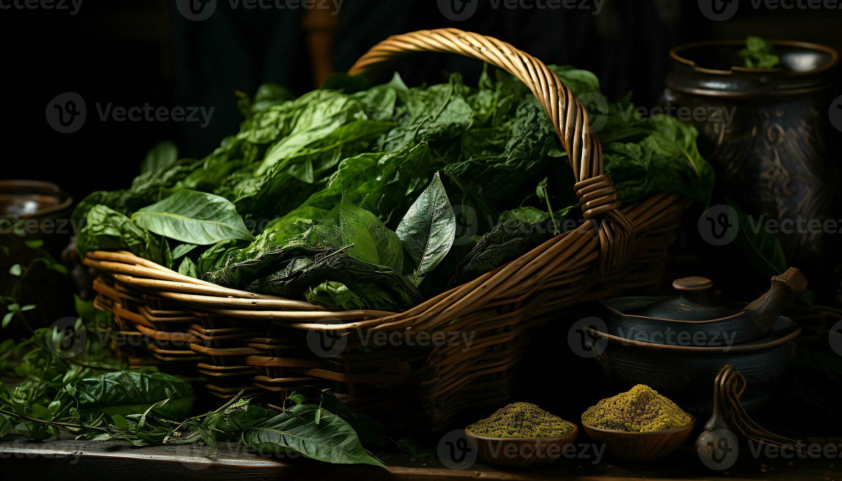 todavía vida de té hojas en un mimbre cesta. ilustración ai foto