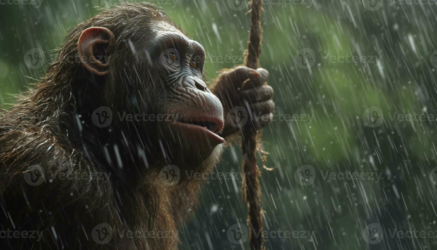 recreación de un homínido bípedo mirando el lluvia en el selva. ilustración ai foto