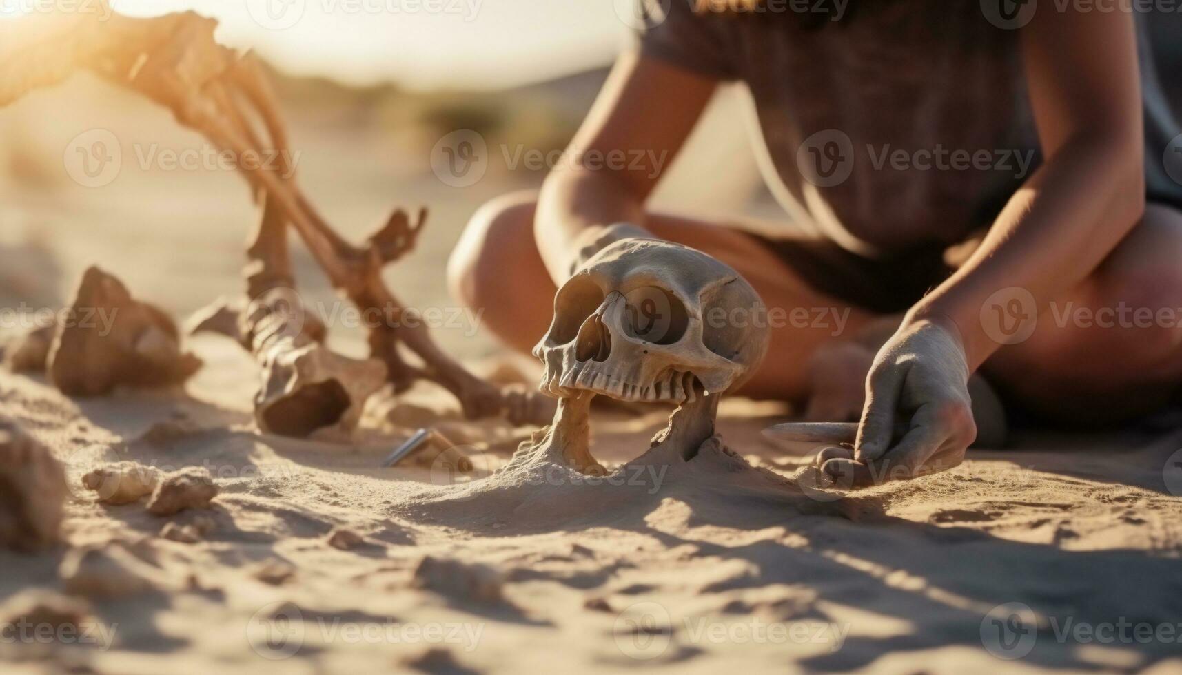 Archaeology excavation of remains of skull and bones of a hominid in an archaeological site in the desert. Illustration AI photo