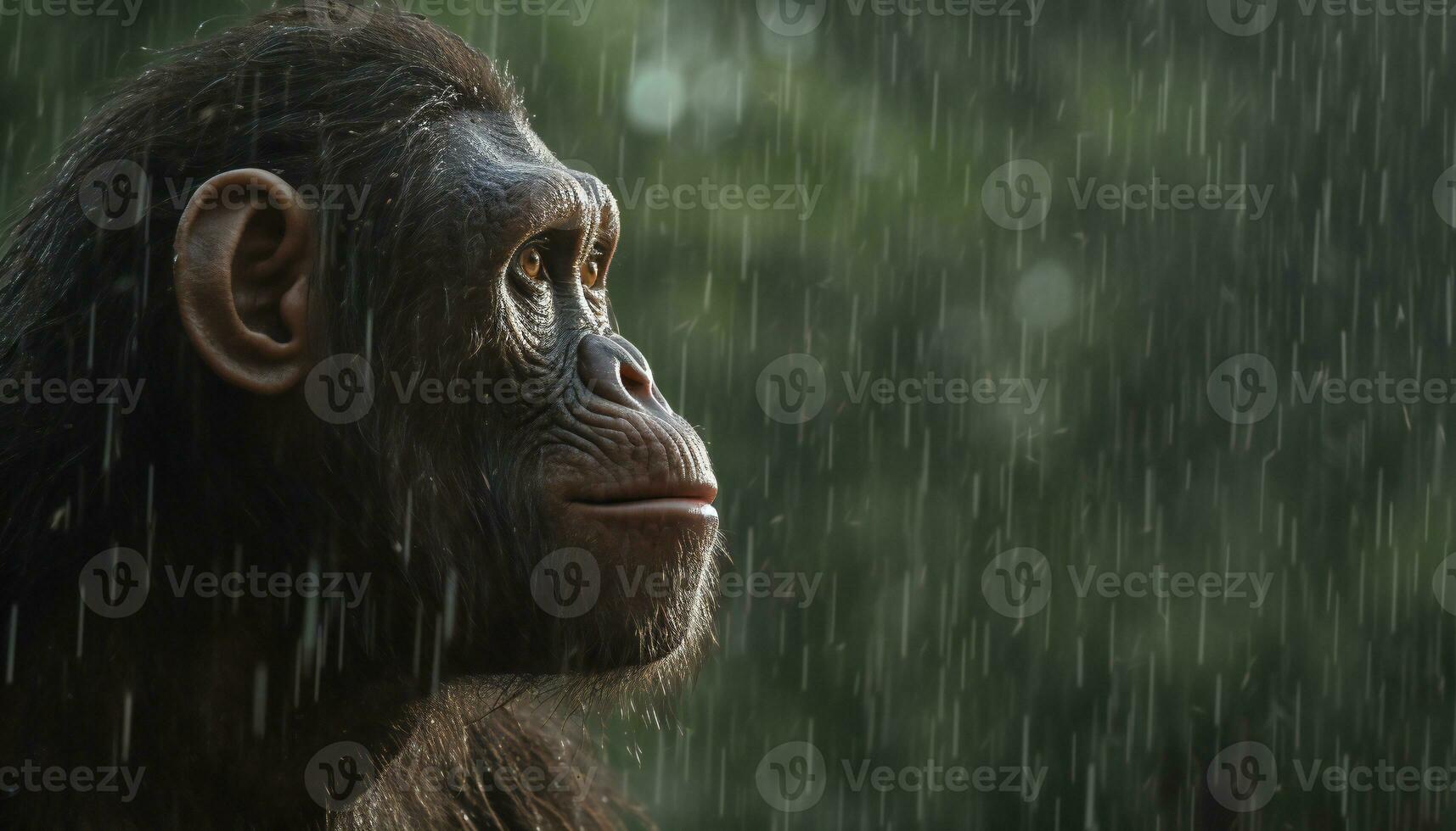 Recreation of hominid face looking with happiness the rain falling in the jungle. Illustration AI photo