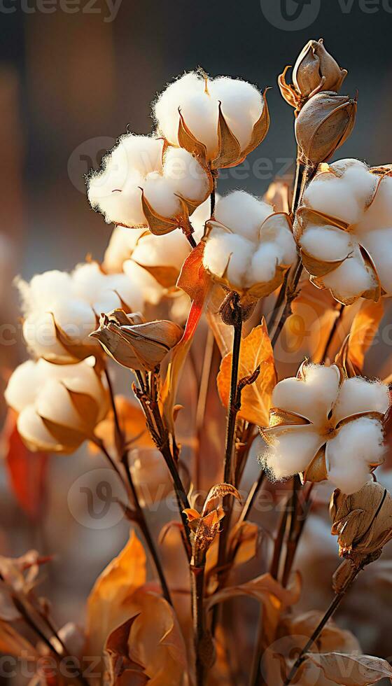 vertical recreación de algodón flores a puesta de sol. ilustración ai foto