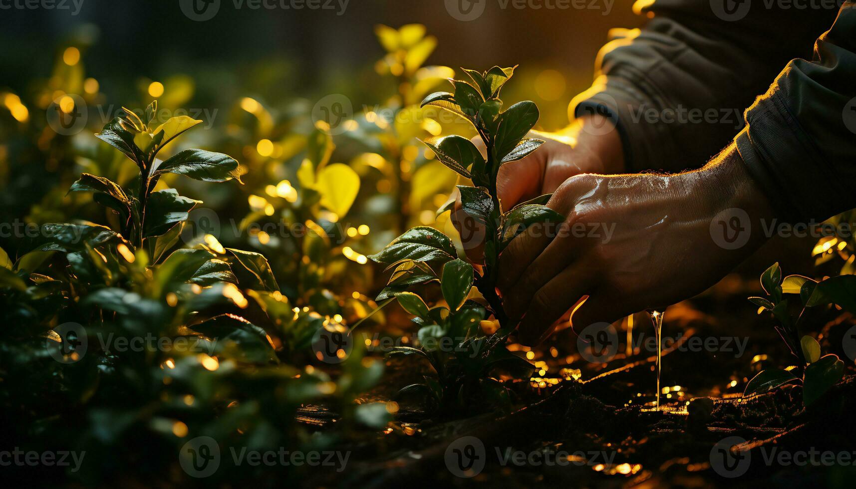Artistic recreation of hands picking tea leaves in a plantation of tea plants at sunset. Illustration AI photo