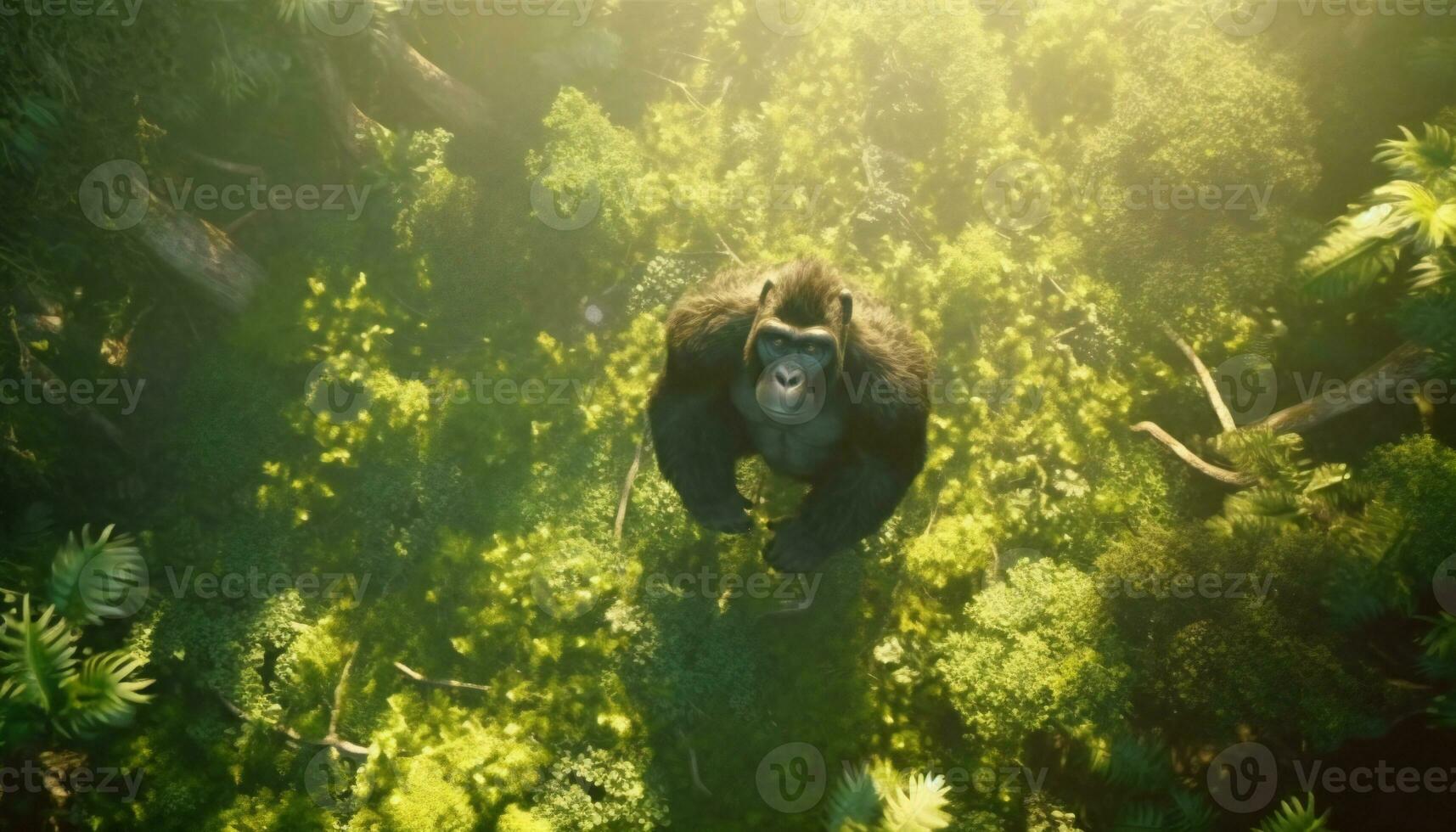 recreación de un bípedo homínido en el alto de un montaña en el selva. ilustración ai foto